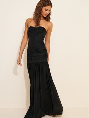 MISHA Elegant Strapless Black Dropped waist Ruched Maxi Dress